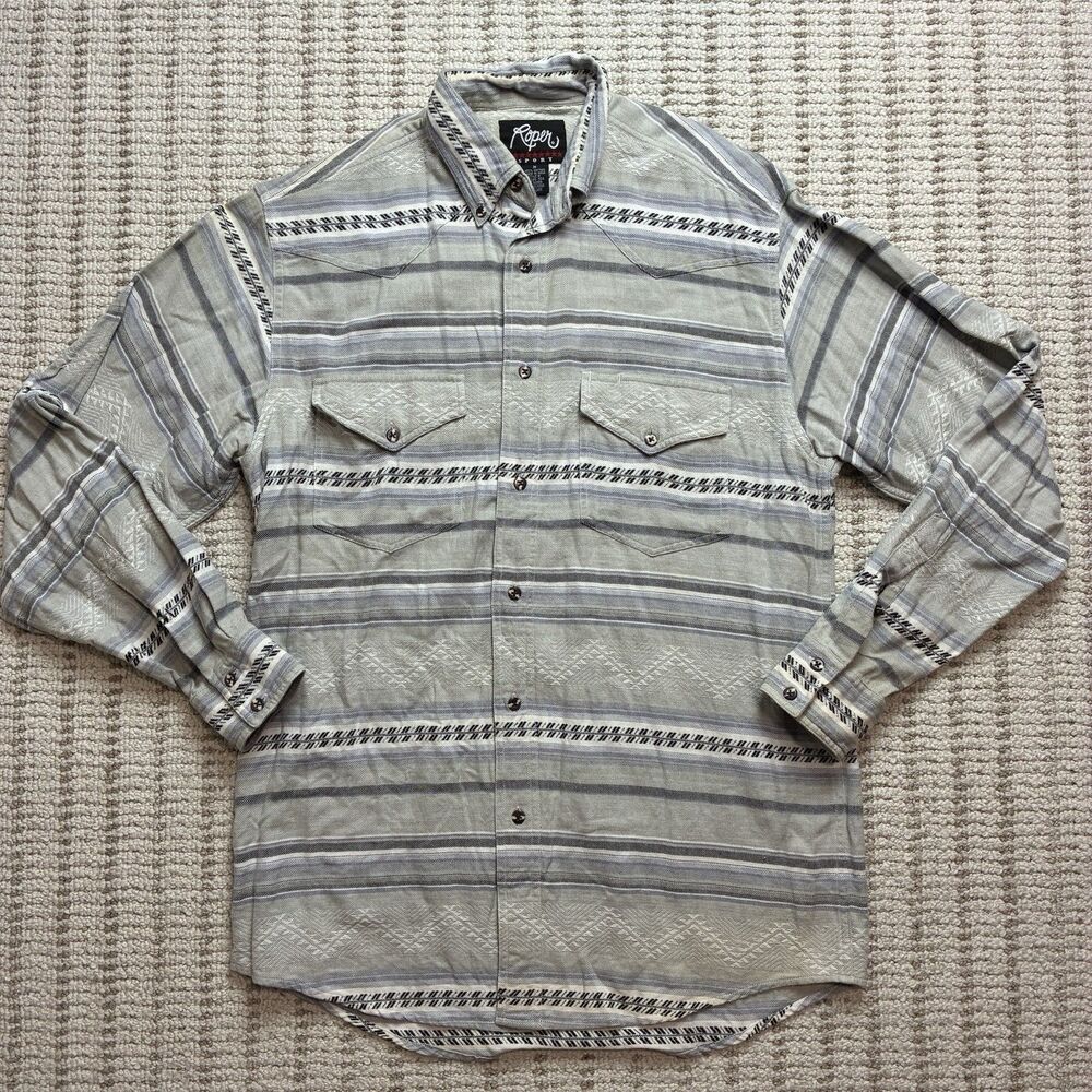 Roper Sport Cowboy Shirt Aztec Southwestern Gray White Button Down Collar USA M